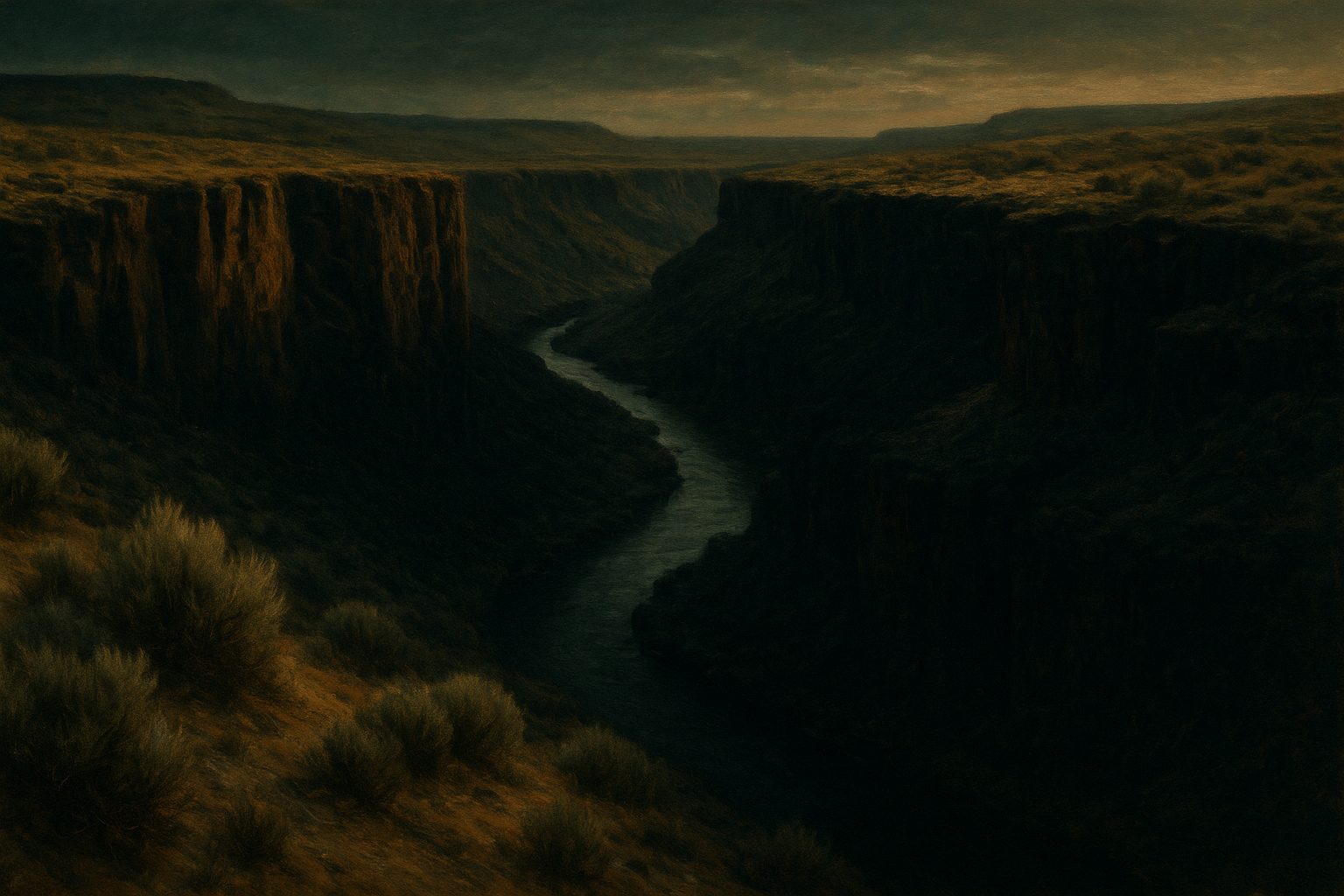 A river running through a black desert canyon at dusk