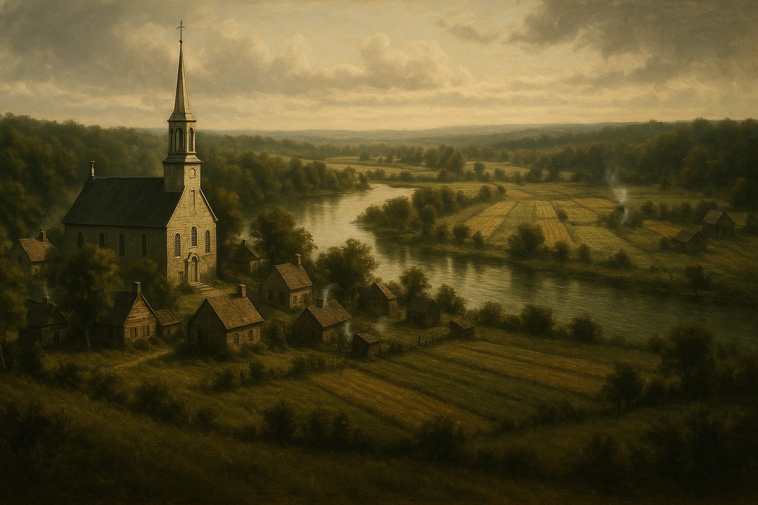 A church and farm village on a river, painted in warm evening light
