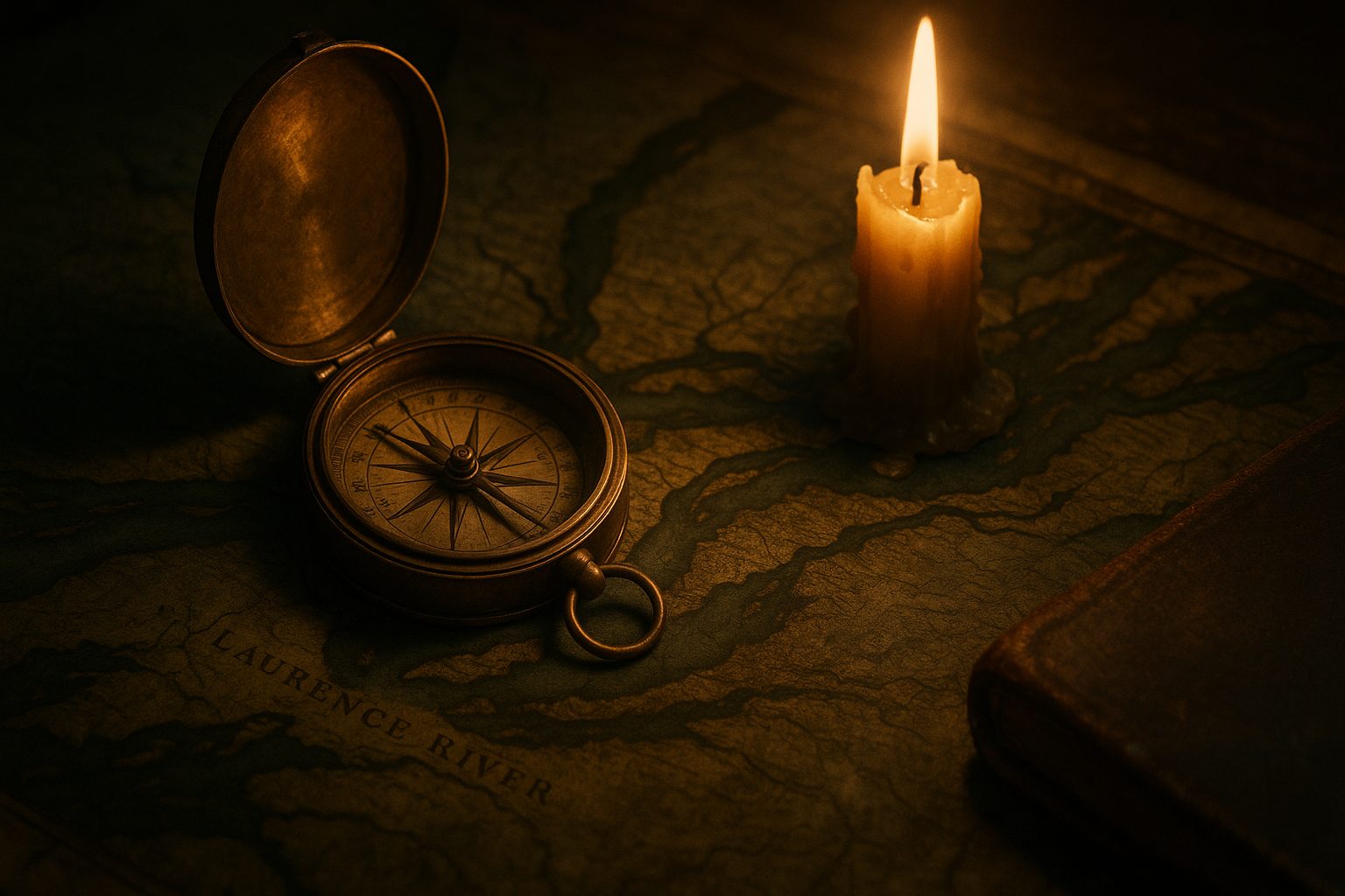 An old brass compass beside a candle on an antique map