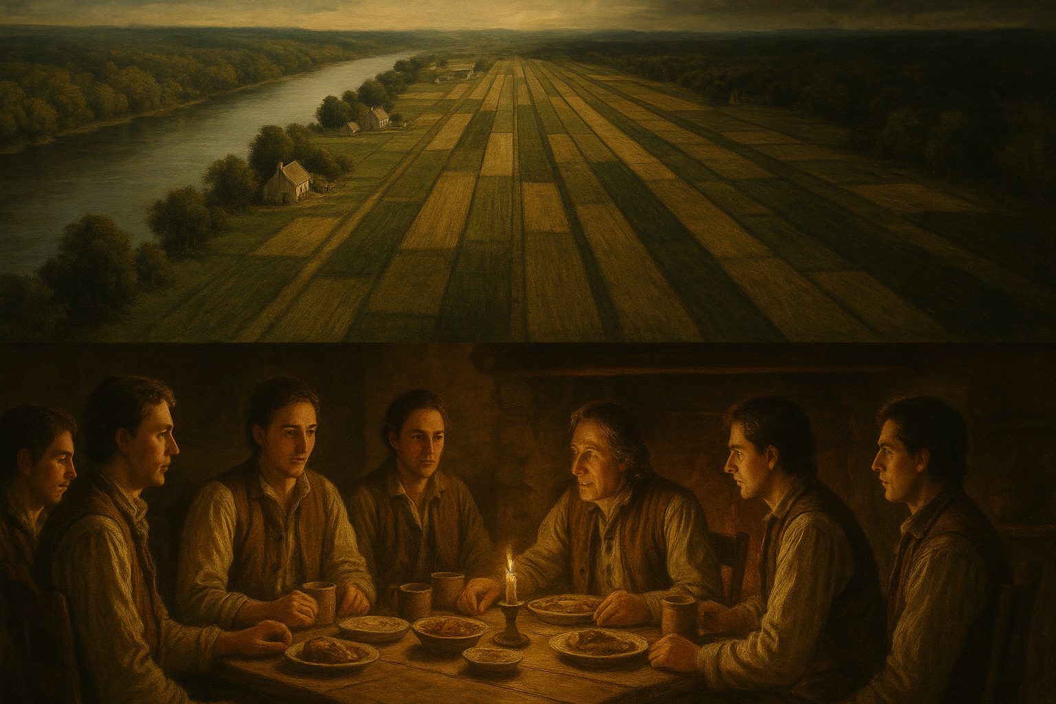 A habitant farm family around a lamplit table, long river lots behind them