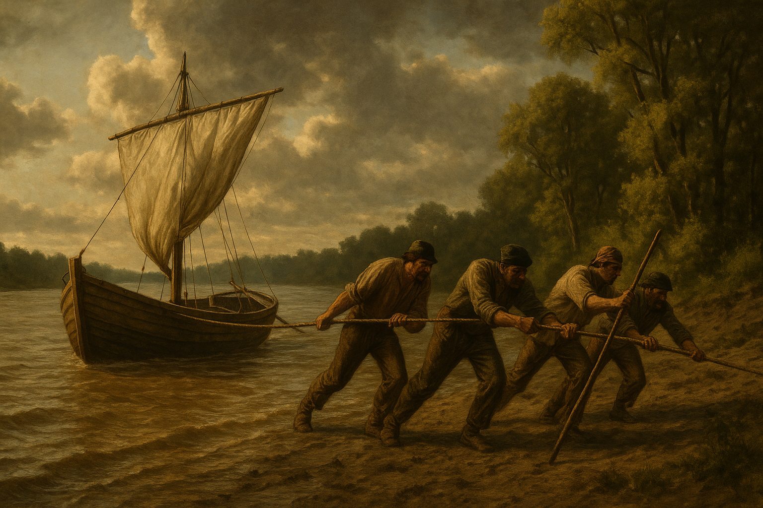 Men hauling a keelboat with a sail along a wooded riverbank