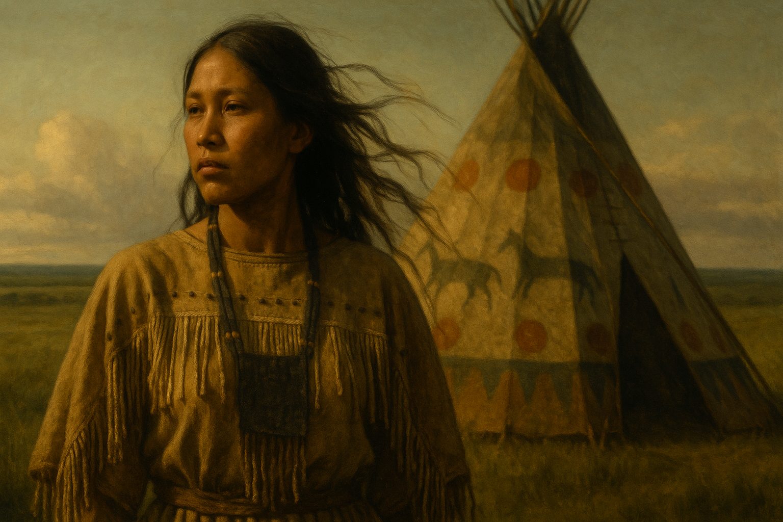 A dignified portrait of a young Blackfeet woman beside a painted lodge