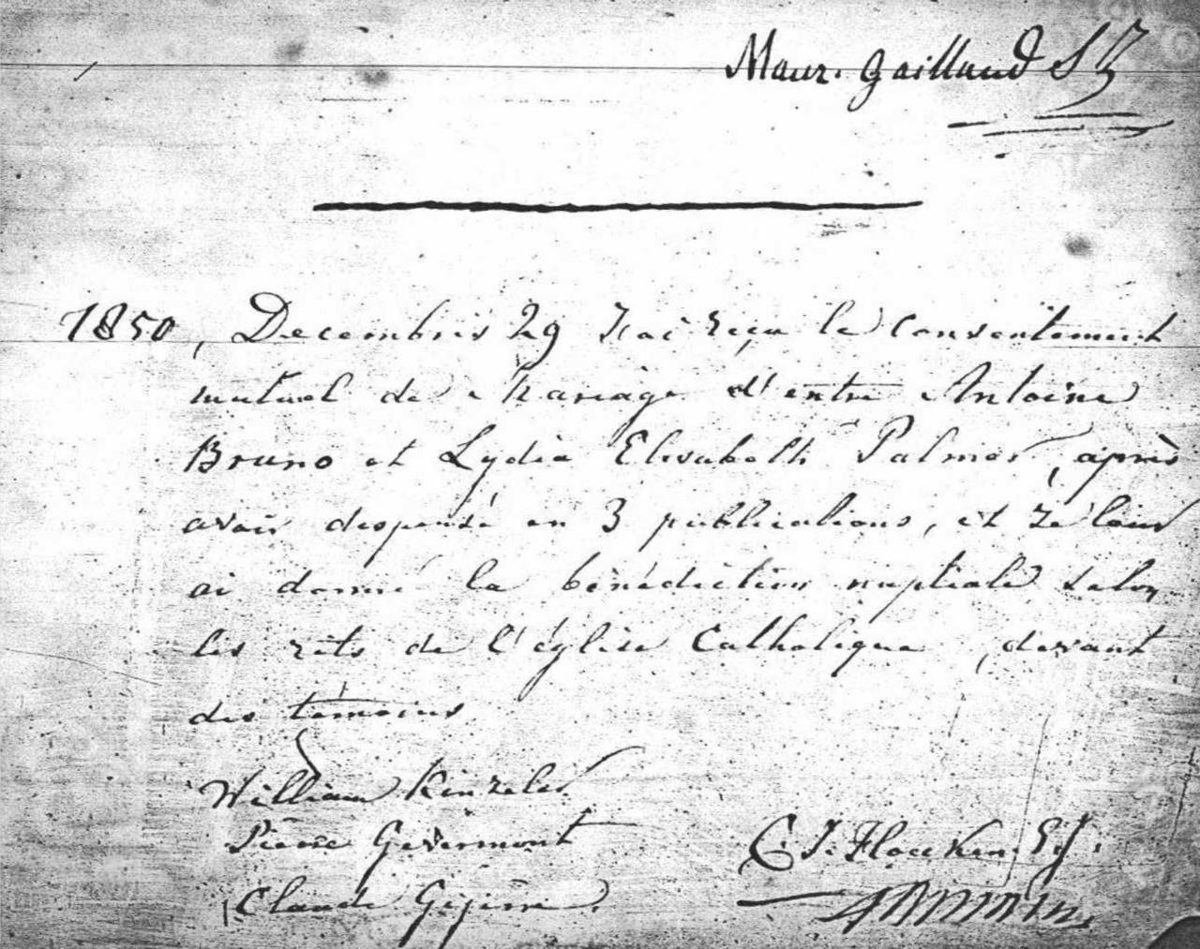 The 1850 marriage record written in a priest's hand