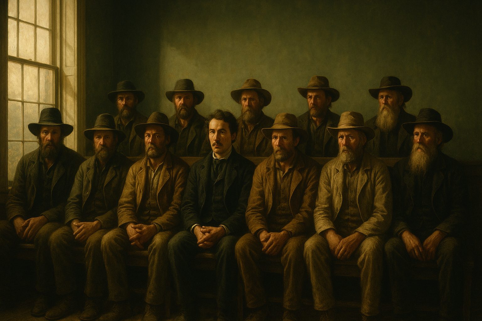 A row of frontier men in dark coats and hats, seated for a grand jury