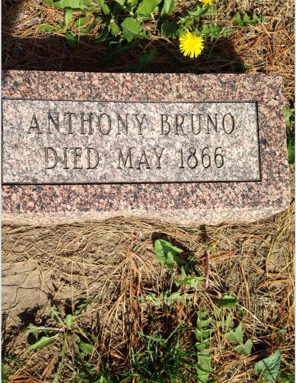 A pink granite headstone reading Anthony Bruno, died May 1866
