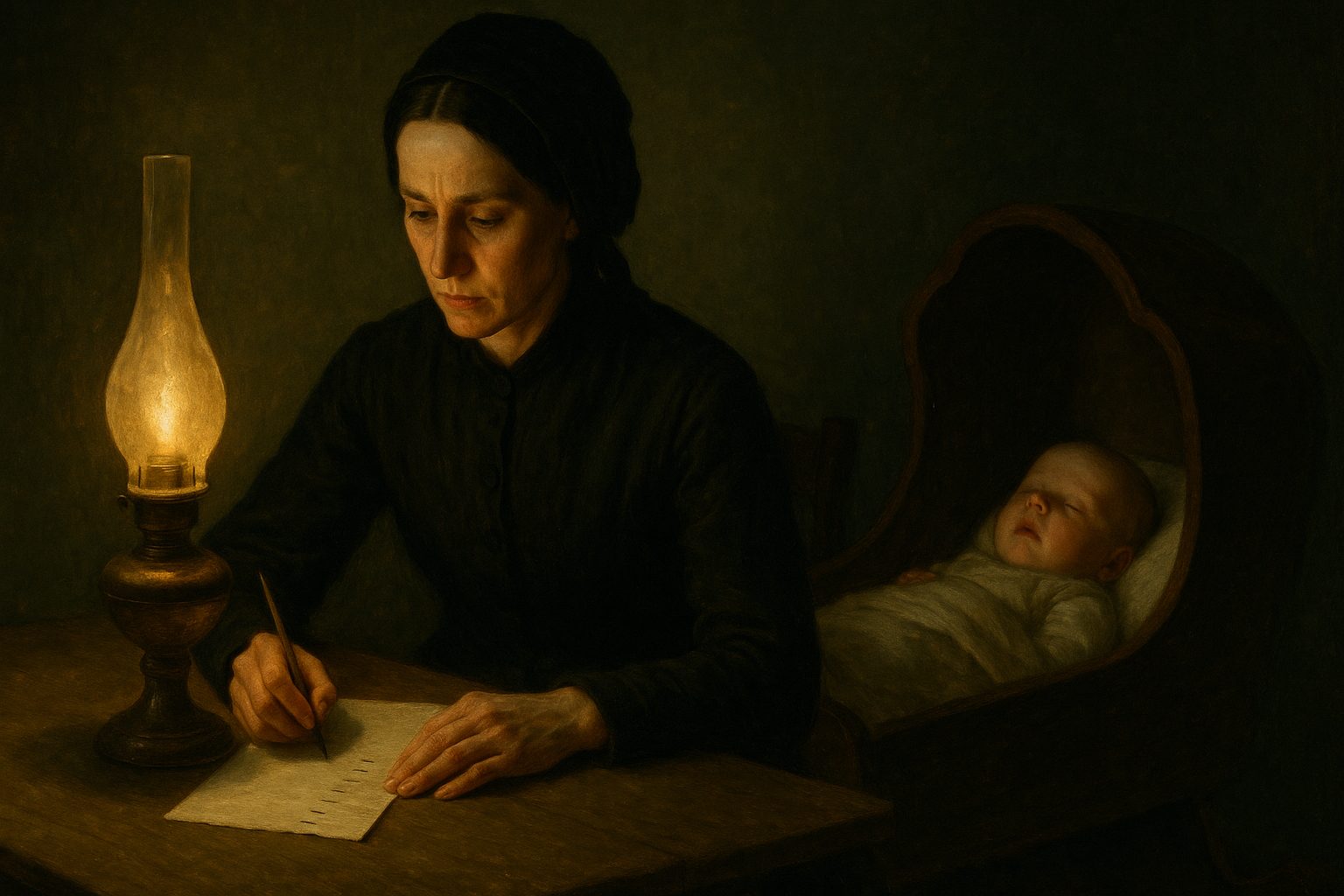 A widow writing by lamplight with an infant asleep beside her