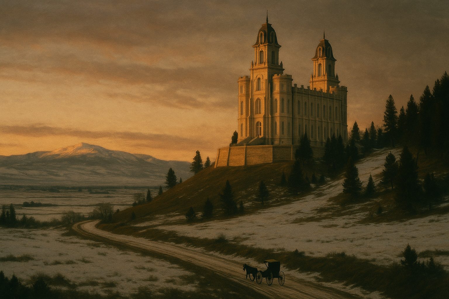 A temple on a hill at dawn, snow on the road below