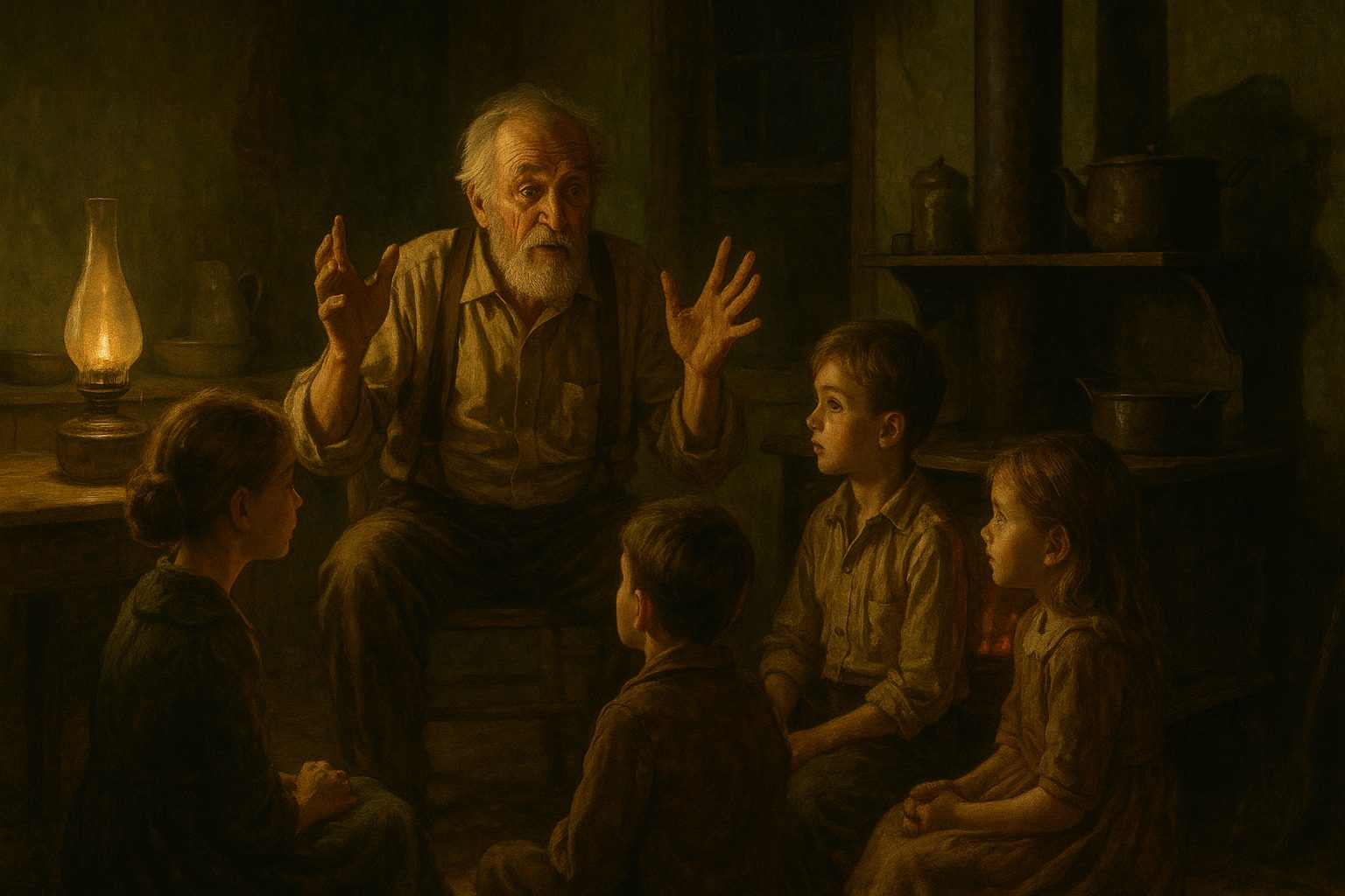 An older man telling a story to children by lamplight