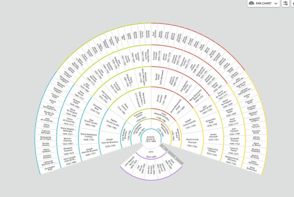 A genealogical fan chart spanning three hundred and fifty years